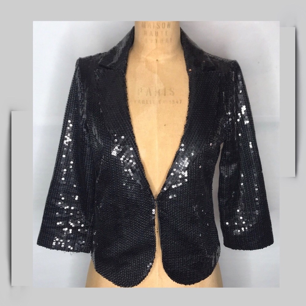 Black Sequin Crop Sleeve Blazer